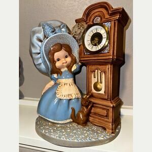 Vintage 1971 Byron Mold Girl with Grandfather Clock Figurine, Blue Bonnet Decor